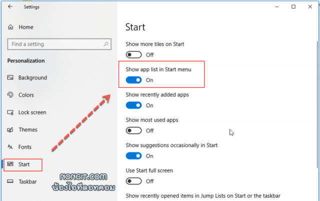 Show app list in the Start menu Windows 10