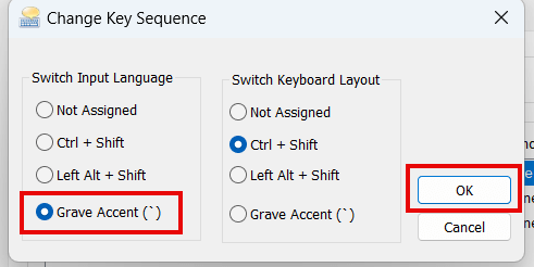 Switch Input language ให้เลือก grave accent (`)