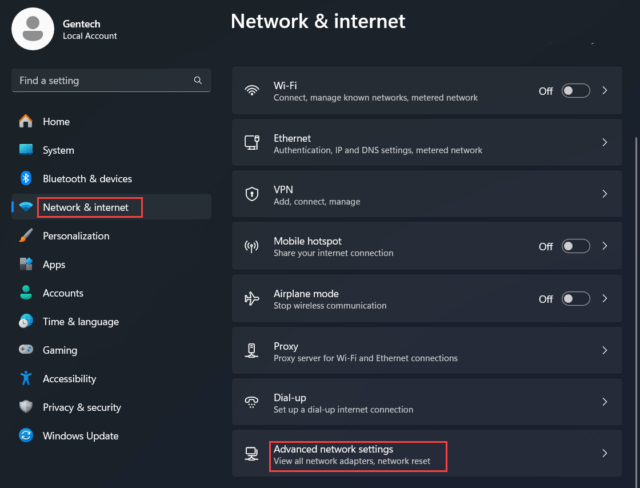 Network & internet (เครือข่ายและอินเทอร์เน็ต) และ Advanced network settings (การตั้งค่าเครือยข่ายขั้นสูง)