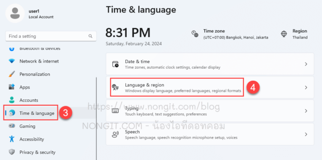 Time & Language (เวลาและภาษา) และlanguage & region (ภาษาและภูมิภาค)