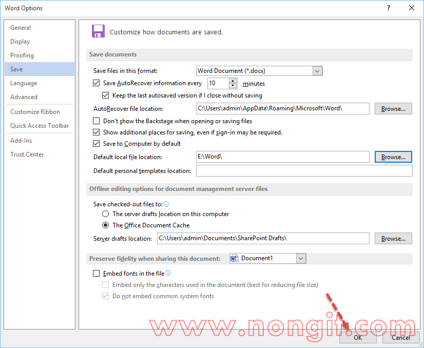 ตั้งค่า Folder เริ่มต้นสำหรับบันทึกไฟล์ Microsoft Word - NONGIT.COM