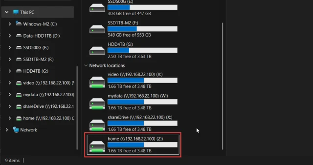 ไดร์ฟกลางที่ Map แล้วแสดงในกลุ่ม Network locations ของ This PC บน Windows 11