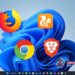 ภาพหน้าปกบทความสอนวิธีตั้งค่าเบราว์เซอร์เริ่มต้น windows 11 แสดงไอคอนของ Google Chrome, Firefox และ Microsoft Edge เพื่อสื่อถึงการเลือกโปรแกรมท่องเว็บที่ต้องการ