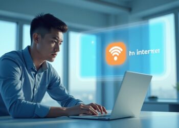 ชายหนุ่มกำลังหัวร้อนกับปัญหา Wifi หลุดบ่อย Windows 11 บนแล็ปท็อปของเขา พร้อมสัญลักษณ์การเชื่อมต่อล้มเหลว
