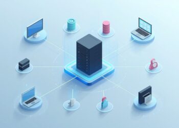 ภาพประกอบคอนเซ็ปต์ของ Windows Server ที่ทำหน้าที่เป็นเซิร์ฟเวอร์กลาง เชื่อมต่อไปยังคอมพิวเตอร์และอุปกรณ์ต่างๆ ในองค์กร