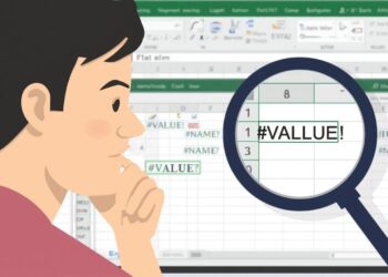 ผู้ใช้งานกำลังวิเคราะห์ปัญหา สูตร Excel ขึ้น error ที่แสดงผล #NAME? และ #VALUE! บนหน้าจอแล็ปท็อป โดยมีแว่นขยายเป็นสัญลักษณ์ของการค้นหาสาเหตุ