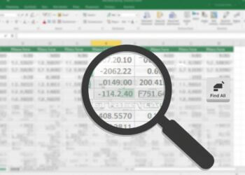 ภาพปกบทความวิธีค้นหาข้อมูล Excel: รูปแว่นขยายกำลังส่องหาข้อมูลบนตาราง Excel พร้อมคีย์ลัด Ctrl+F และปุ่ม Find All