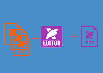 ภาพกราฟิกแสดงขั้นตอนการรวมไฟล์ PDF หลายไฟล์ให้เป็นไฟล์เดียวโดยใช้โปรแกรม Foxit PDF Editor