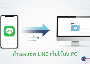 หน้าปกบทความ วิธีสำรองแชท LINE ลง PC แสดงภาพสมาร์ทโฟนที่มีโลโก้ LINE เชื่อมต่อกับคอมพิวเตอร์เพื่อ Backup ข้อมูล