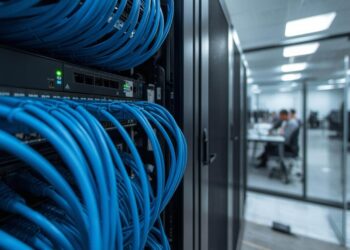ภาพตู้ Rack Server ที่มีการจัดเก็บสายแลน CAT6 เข้า Patch Panel อย่างเป็นระเบียบ สวยงาม แสดงถึงมาตรฐานงานบริการรับเดินสายแลนสำหรับออฟฟิศ
