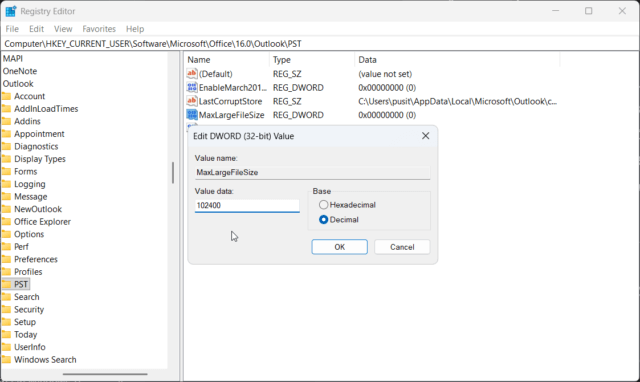 วิธีแก้ Outlook ค้าง ส่งเมลไม่ได้ เพราะไฟล์ PST เกิน 50GB ด้วย Regedit ...