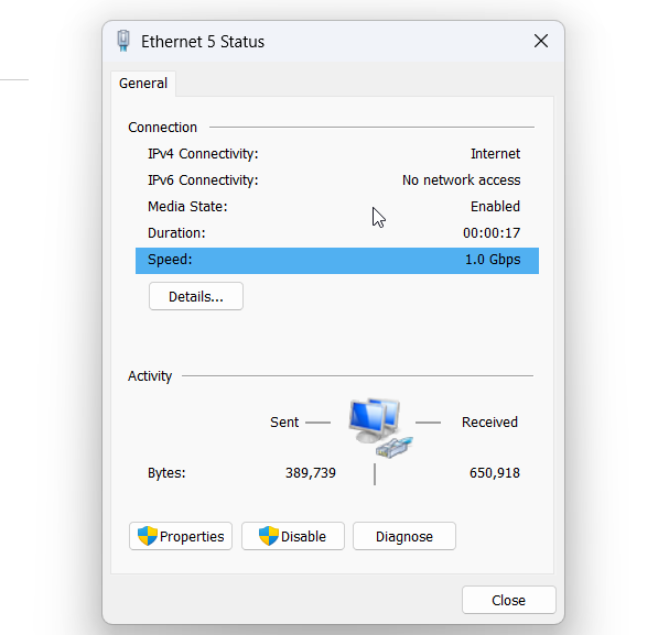 หน้าต่าง Ethernet Status ใน Windows แสดงค่า Speed ของการ์ดแลน