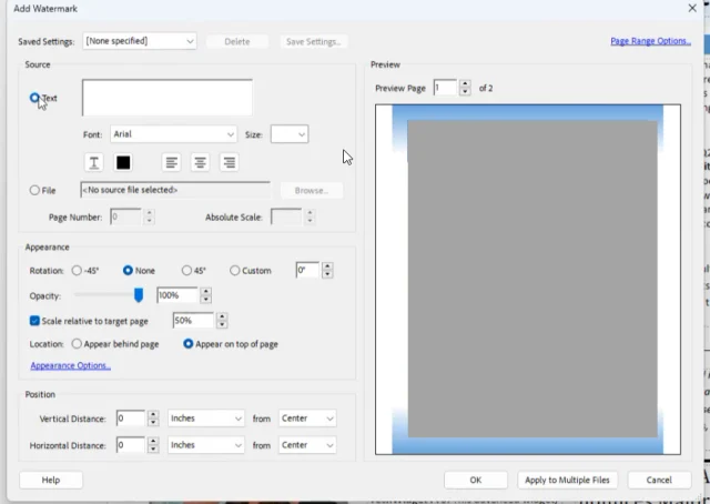 หน้าต่าง Add Watermark ใน Adobe Acrobat เลือก Source เป็น Text หรือ File