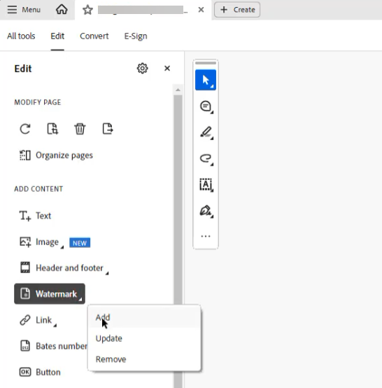เมนู Edit > More > Watermark > Add ใน Adobe Acrobat สำหรับใส่ลายน้ำ PDF