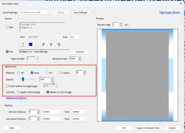 ตั้งค่า Opacity ตำแหน่ง และช่วงหน้า ตอนใส่ลายน้ำ PDF ด้วย Adobe Acrobat