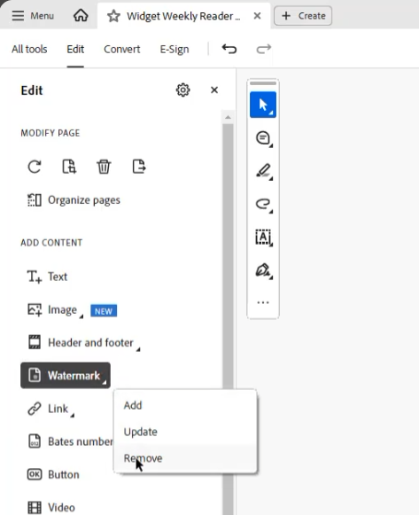 เมนู Edit a PDF > Watermark > Remove สำหรับลบลายน้ำ PDF ใน Adobe Acrobat