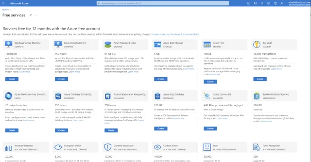หน้า Azure free account แสดงบริการที่ใช้ฟรี