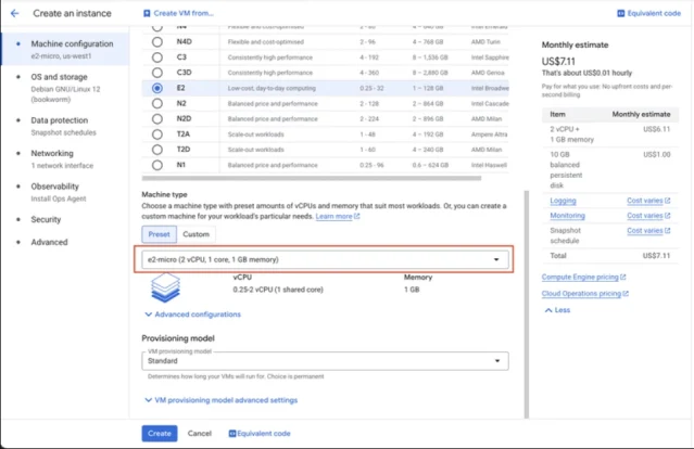 หน้าสร้าง VM ใน Google Cloud เลือก e2-micro และ Region ใน Free Tier