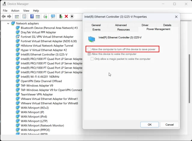แท็บ Power Management ของการ์ดเครือข่ายใน Device Manager