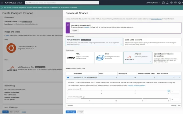 หน้าเลือก Shape ใน Oracle Cloud ที่มีป้าย Always Free-eligible