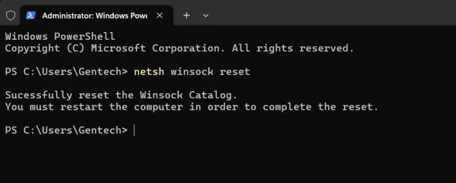 Terminal แบบ Administrator ที่รันคำสั่ง netsh winsock reset