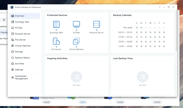หน้าจอ Active Backup for Business บน Synology NAS