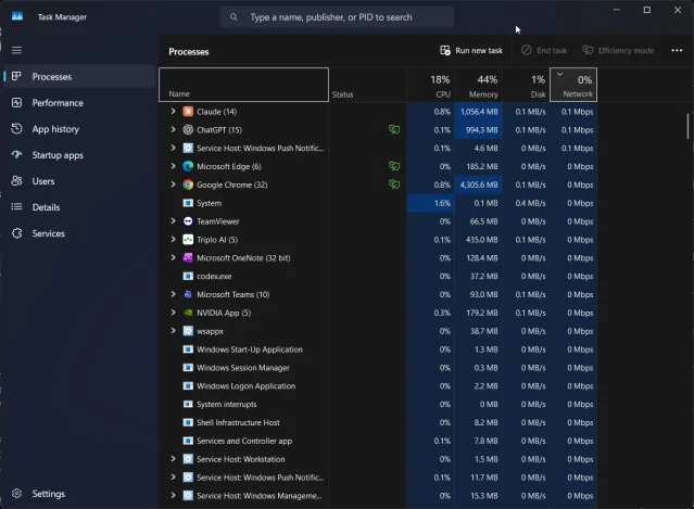 Task Manager ที่เรียงคอลัมน์ Network เพื่อหาโปรแกรมที่ใช้เน็ตสูง