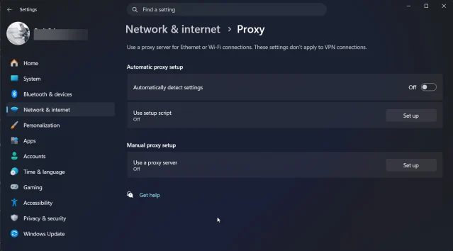 หน้า Proxy ในการตั้งค่า Network & internet ของ Windows